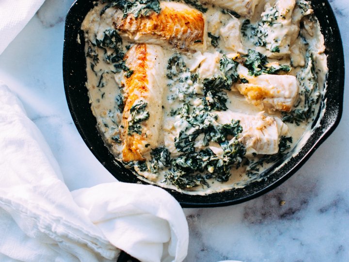Grilled pikeperch with creamy spinach