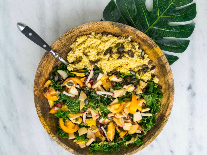 Couscous salad with kale and pumpkin seeds
